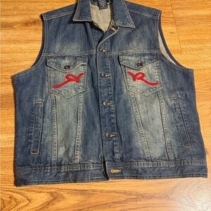 Rocawear Denim Button Front Blue Jean Vest Embroidered Pockets Mens 42